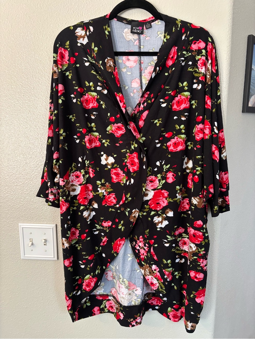 Eye Candy Black Red Rose Floral Open Front Cardigan Kimono Duster 3X
